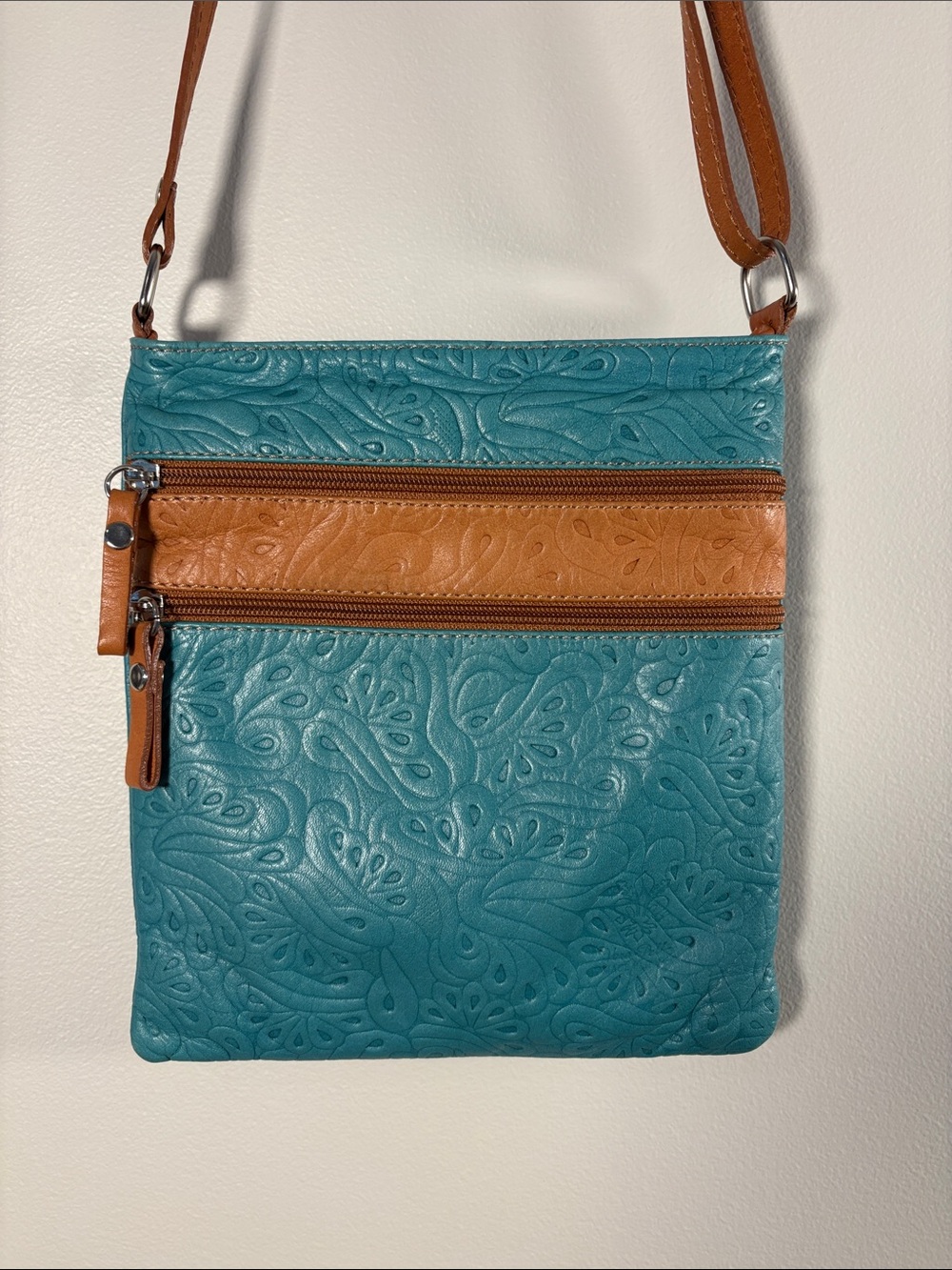 Made In Italy Genuine Leather Teal and Brown Cross Body Purse